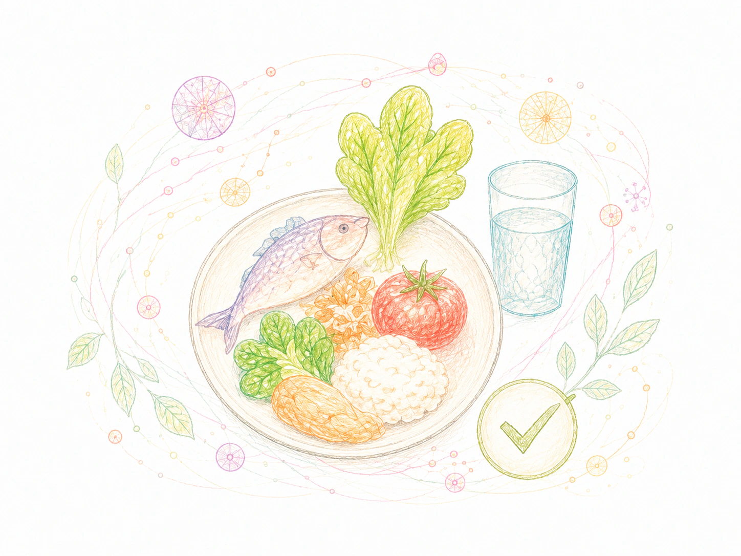 均衡餐盘、蔬菜、鱼和水杯的手绘插画