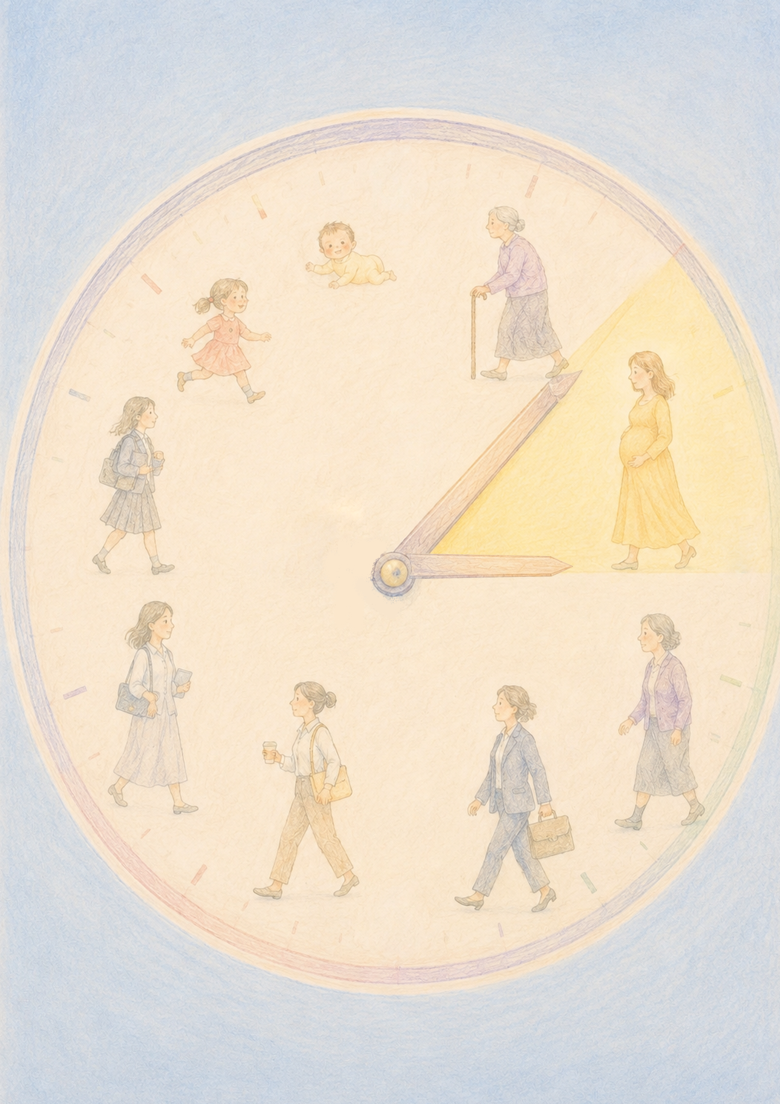 以人生时钟表现年龄与孕期阶段的手绘插画